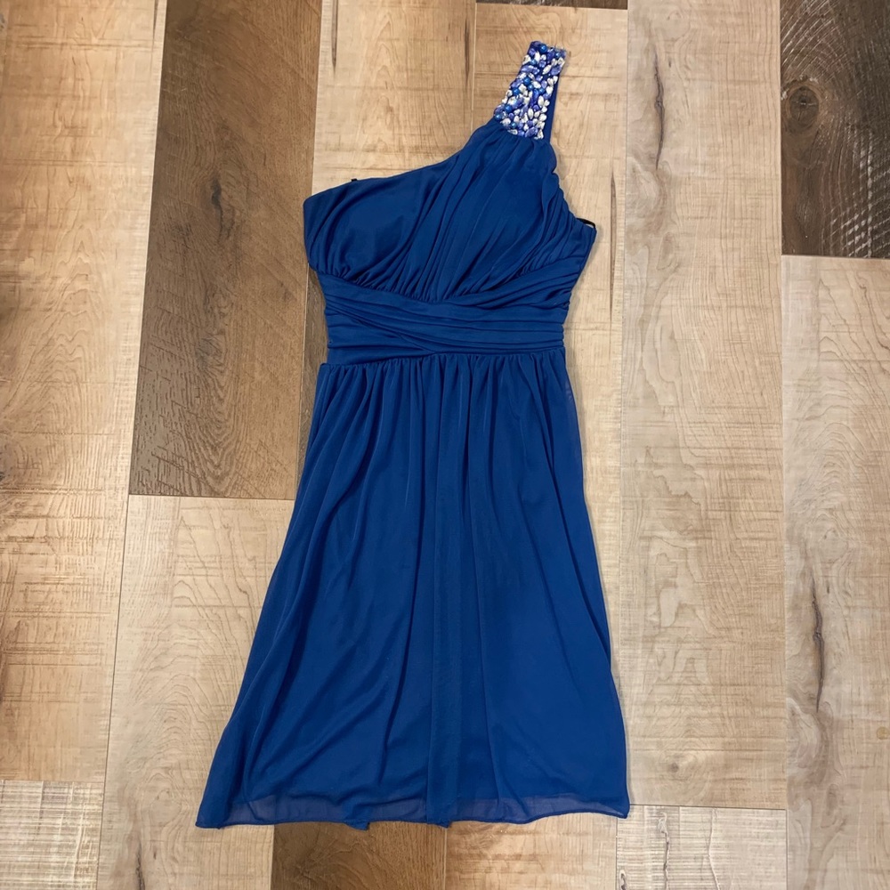 One shoulder blue semi-formal dress
